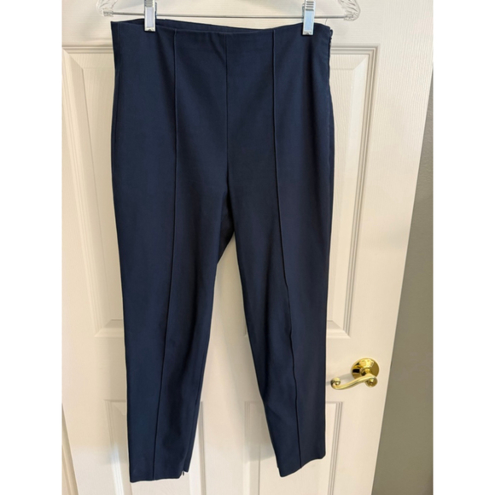 Theory navy pants w/slit hems pin-tucked front straight fit side zipper size 6